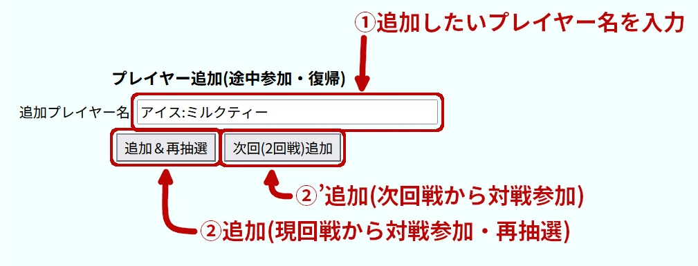 スイスドロー対戦マッチングツール【無料・カスタマイズ可】トレカ/ゲーム大会運営 プレイヤー途中追加