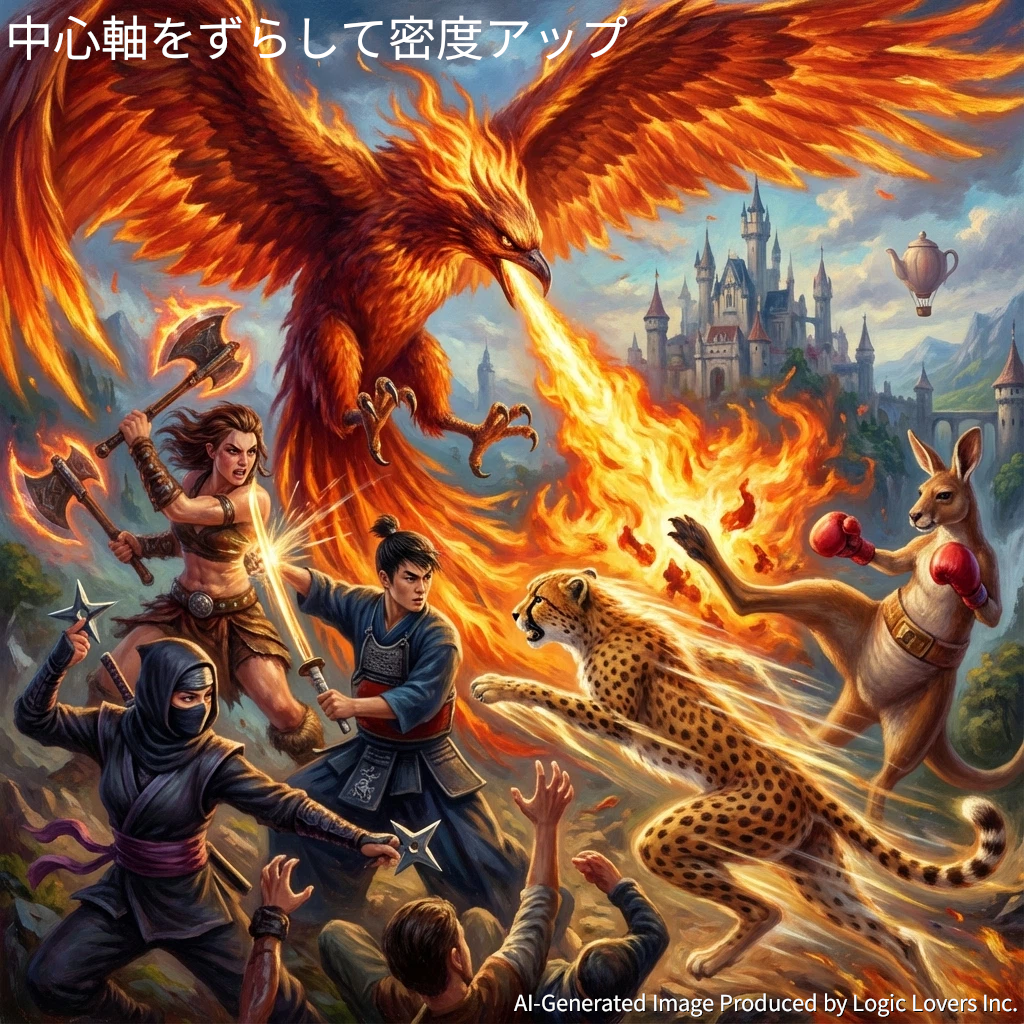 【技術解説】Geminiの画像生成は網羅性が武器！説明資料化を防ぎエンタメへ誘導するプロンプト術【キャラAIバトルロイヤル】 中心軸をずらして密度アップ