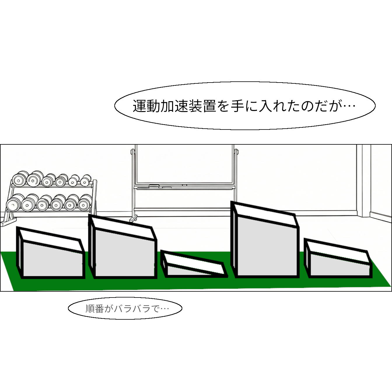 【マンガで感じる】基本ソート ～1つのルールを繰り返して並べ替え～【本当の基礎から学ぶゲームプログラミング】 坂道パーツがバラバラに並んでいる：3,4,1,5,2 社長「運動加速装置を手に入れたのだが…」「順番がバラバラで…」