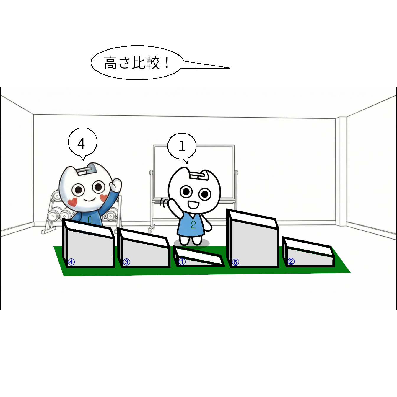 【マンガで感じる】基本ソート ～1つのルールを繰り返して並べ替え～【本当の基礎から学ぶゲームプログラミング】 クリスタル「高さ比較！」 アイ「4」 ジェイ「1」