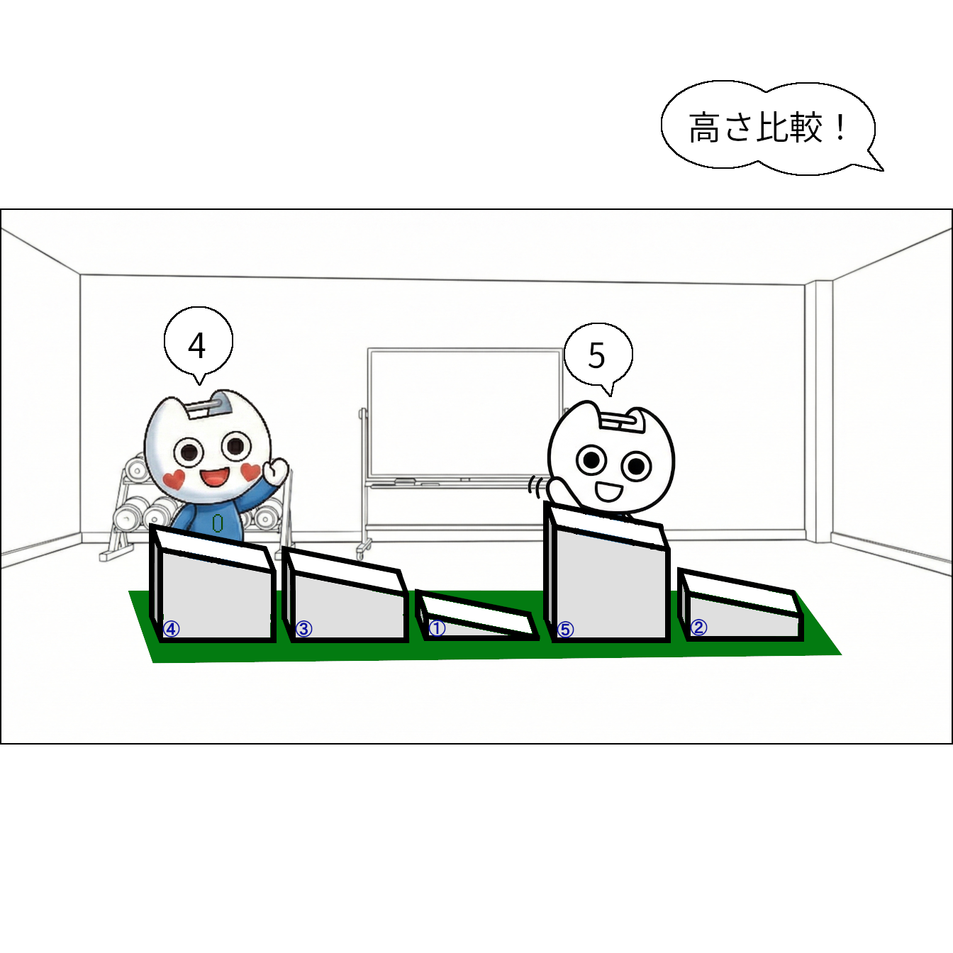 【マンガで感じる】基本ソート ～1つのルールを繰り返して並べ替え～【本当の基礎から学ぶゲームプログラミング】 クリスタル「高さ比較！」 アイ「4」 ジェイ「5」