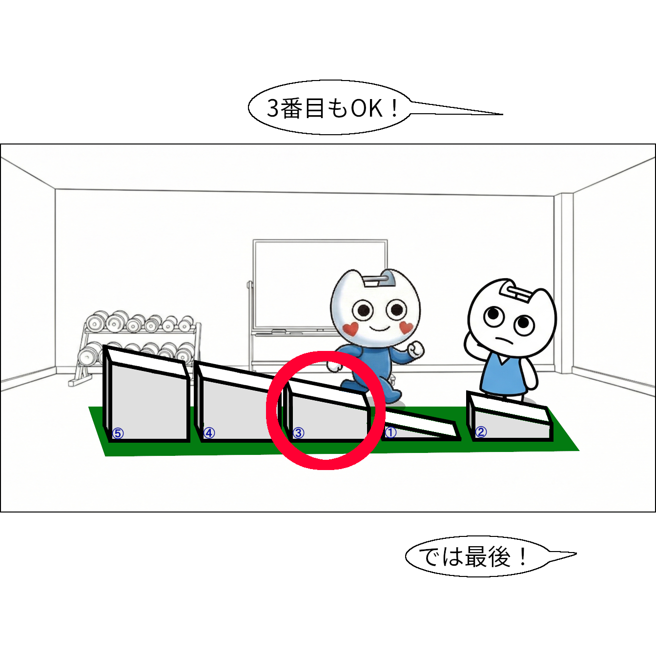 【マンガで感じる】基本ソート ～1つのルールを繰り返して並べ替え～【本当の基礎から学ぶゲームプログラミング】 坂道配列：5,4,3,1,2 クリスタル「3番目もOK！では最後！」