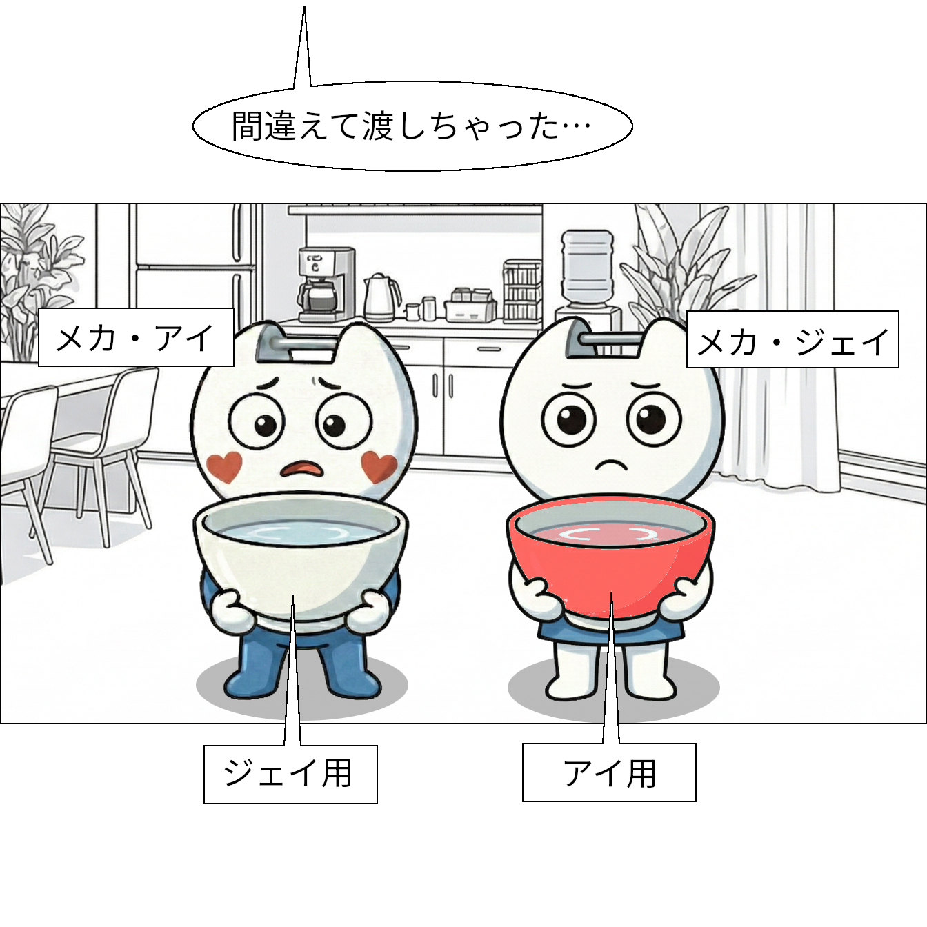 【マンガで感じる】交換 ～一時保存場所を利用して入れ替え～ 【本当の基礎から学ぶゲームプログラミング】 アイとジェイ [メカ・アイ][メカ・ジェイ]の表示 アイが白い杯(ジェイ用)、ジェイが赤い杯(アイ用)を持っている (社長)「間違えて渡しちゃった」