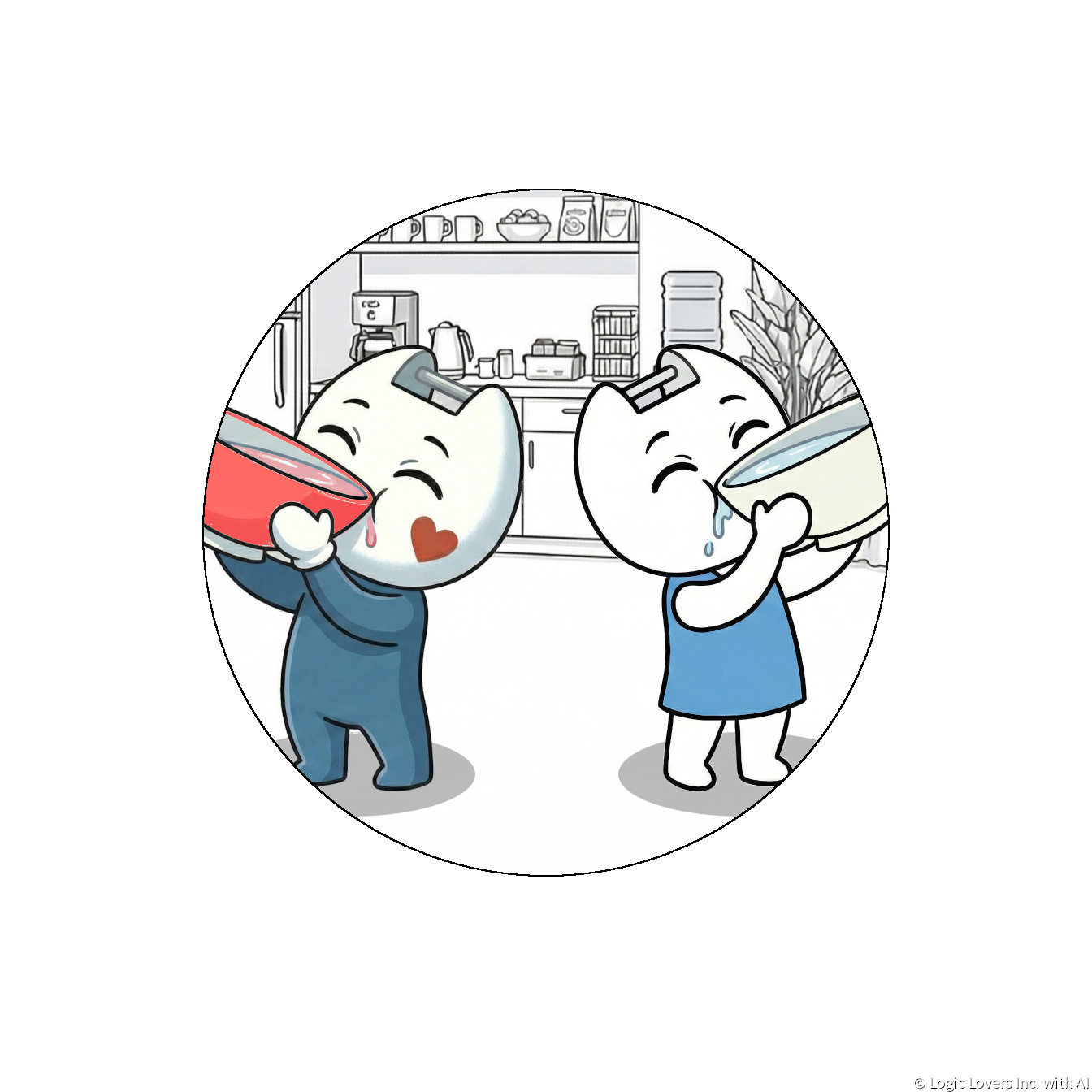 【マンガで感じる】交換 ～一時保存場所を利用して入れ替え～ 【本当の基礎から学ぶゲームプログラミング】 丸枠内でアイとジェイが杯から飲んでいる